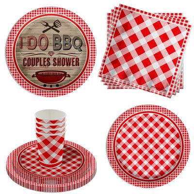 I Do BBQ Couples Shower Red Gingham Party Supplies - 64 Piece Bachelor Bacherlorette Bar-B-Q Tableware Set Includes Large 9" Dinner Plates and 8" Dessert Paper Plates Napkins Cups - Kit for 16