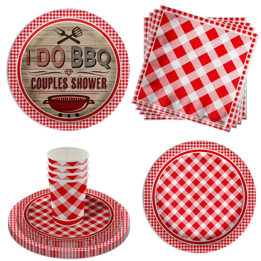 I Do BBQ Couples Shower Red Gingham Party Supplies - 64 Piece Bachelor Bacherlorette Bar-B-Q Tableware Set Includes Large 9" Dinner Plates and 8" Dessert Paper Plates Napkins Cups - Kit for 16