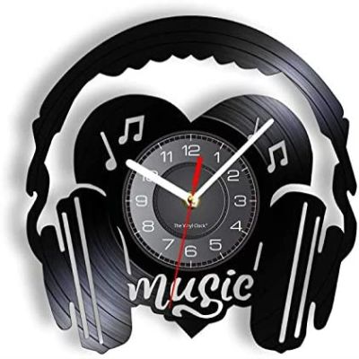 30cm Wall Clock Music Headphones Decorative Wall Clock & Heart Shape Vinyl Plate Crafts Hanging Wall Clock Music Rock Home Decoration