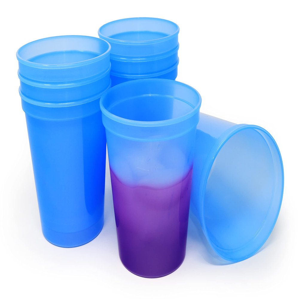 Rolling Sands 16 oz. Reusable Plastic Stadium Cups, 8 Pack, Made in USA, BPA-Free Dishwasher Safe Color Changing Tumblers, Blue To Purple