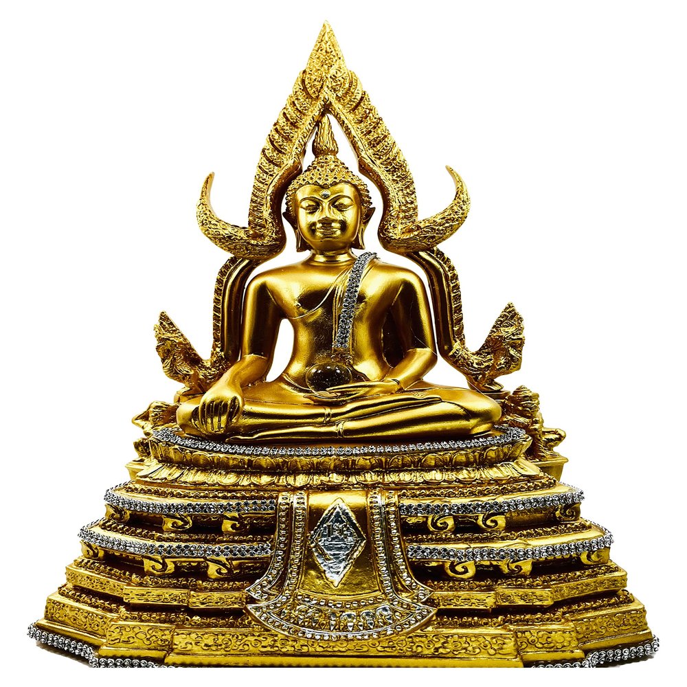 BUDDHO Chinnaraj Buddha Statue 12" H. Thai Buddha Statue for Home Decor Buddha Sculpture Small Gift Office Gift Office Decor Figurines Meditation Decor (Gold Plus Diamond)