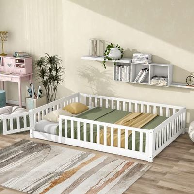 LLS Full Size Floor Bed Frame, Solid Wood Platform Bed Frame with Fence Railings and Door, Full Bed with Support Slats for Teens, Boys, Girls, No Box Spring Needed, White