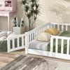 LLS Full Size Floor Bed Frame, Solid Wood Platform Bed Frame with Fence Railings and Door, Full Bed with Support Slats for Teens, Boys, Girls, No Box Spring Needed, White view 4
