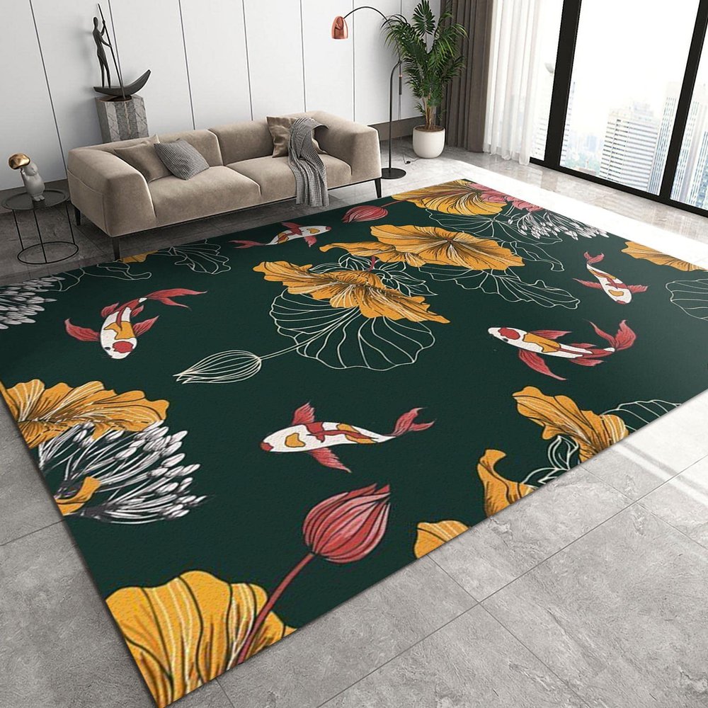 Yellow Lotus Leaf Pink Flower Area Carpet, Red Koi Fish New Chinese Style Printed Rugs, Indoor Carpet Soft Machine Washable Non-Slip Durable for Living Room Bedroom Dining Room5 x 8ft