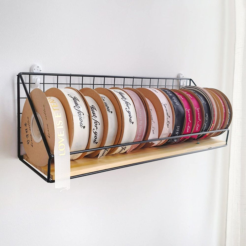 ZAQYCM Black Iron Ribbon Holder Wall Mounted, Space-Saving Satin Ribbon Spool Rack for Fresh Flower Shop/Gift Wrapping, Wall Storage Shelf for Kitchen/Bathroom
