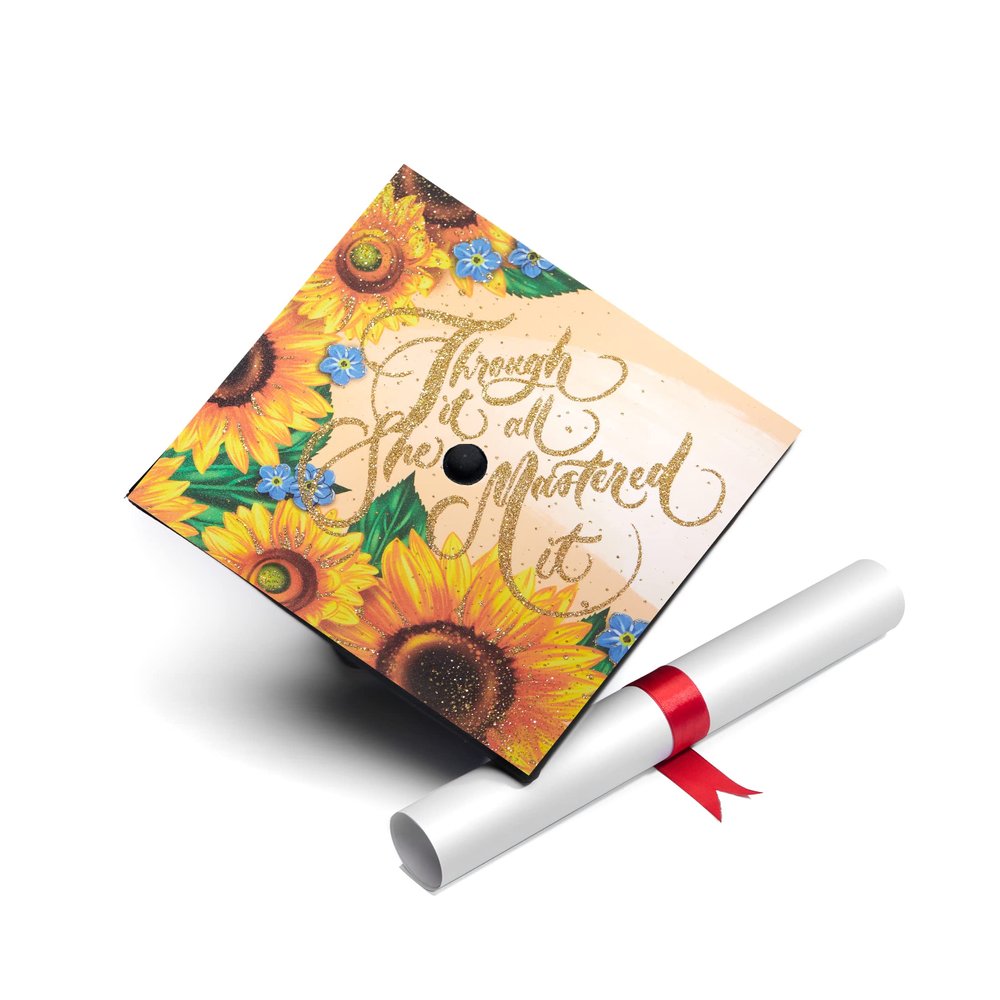 Once Upon A Time Graduation Cap Topper with Flowers, Grad Cap Decorations, Class of 2025 Grad Cap Topper, Through it All she Mastered it