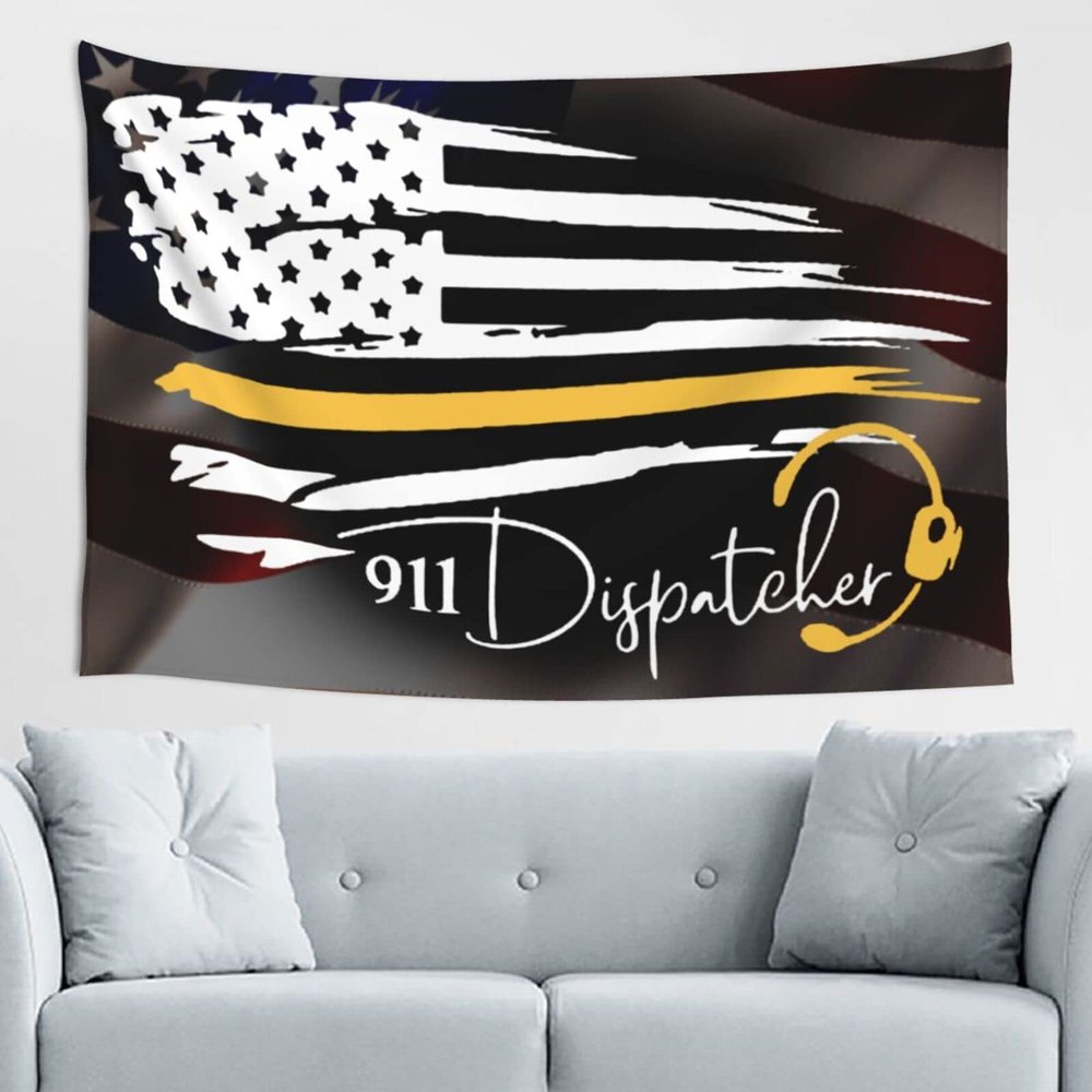 SwpWab Number 911 Dispatcher Thin Gold Yellow Line Dispatch American Flag Home Decoration Tapestries Placed In The Living Room Bedroom Keep Full Load