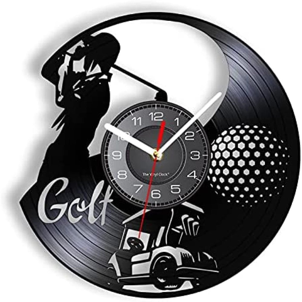 30 Cm Wall Clock Golfer with Golf Cart Vinyl Record Wall Clock Sports and Leisure Activities Art Wall Clock Toddlers Room Decoration Golfer Gifts