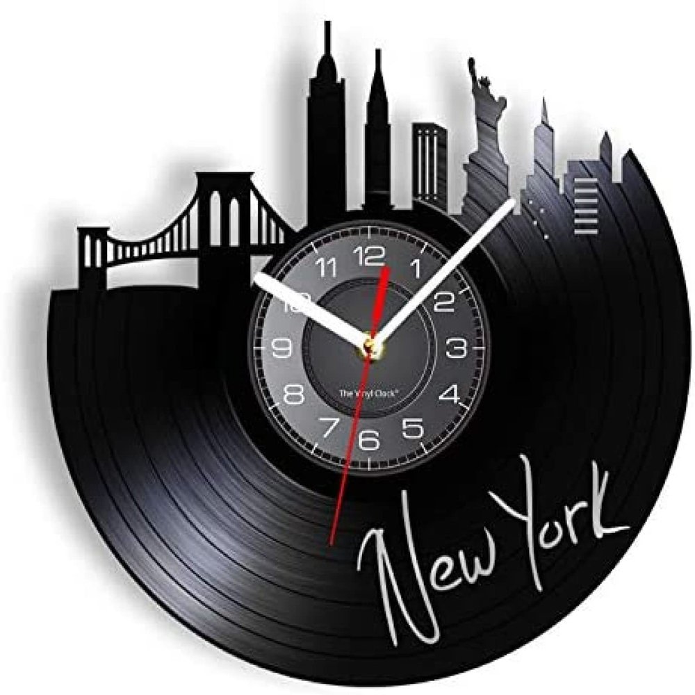 30cm Wall Clock New York Skyline Vinyl Clock Silent Sports Clock Statue of Liberty New York Gift Living Room Art Deco American Patriot Gift
