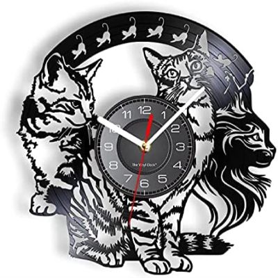 30 Cm Wall Clock Vintage Cat Vinyl Record Wall Clock Vintage Cat Doll Art Silent Decorative Clock 3D Hanging CD Clock