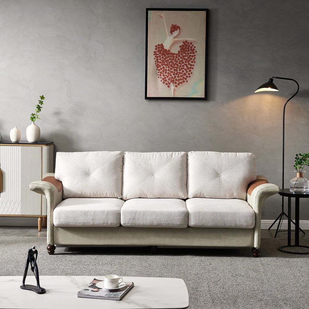 DSHADE Modern Upholstered 3 Seater Living Room Sofa, Linen Fabric Faux Leather with Wooden Legs Living Room Sofa, Beige