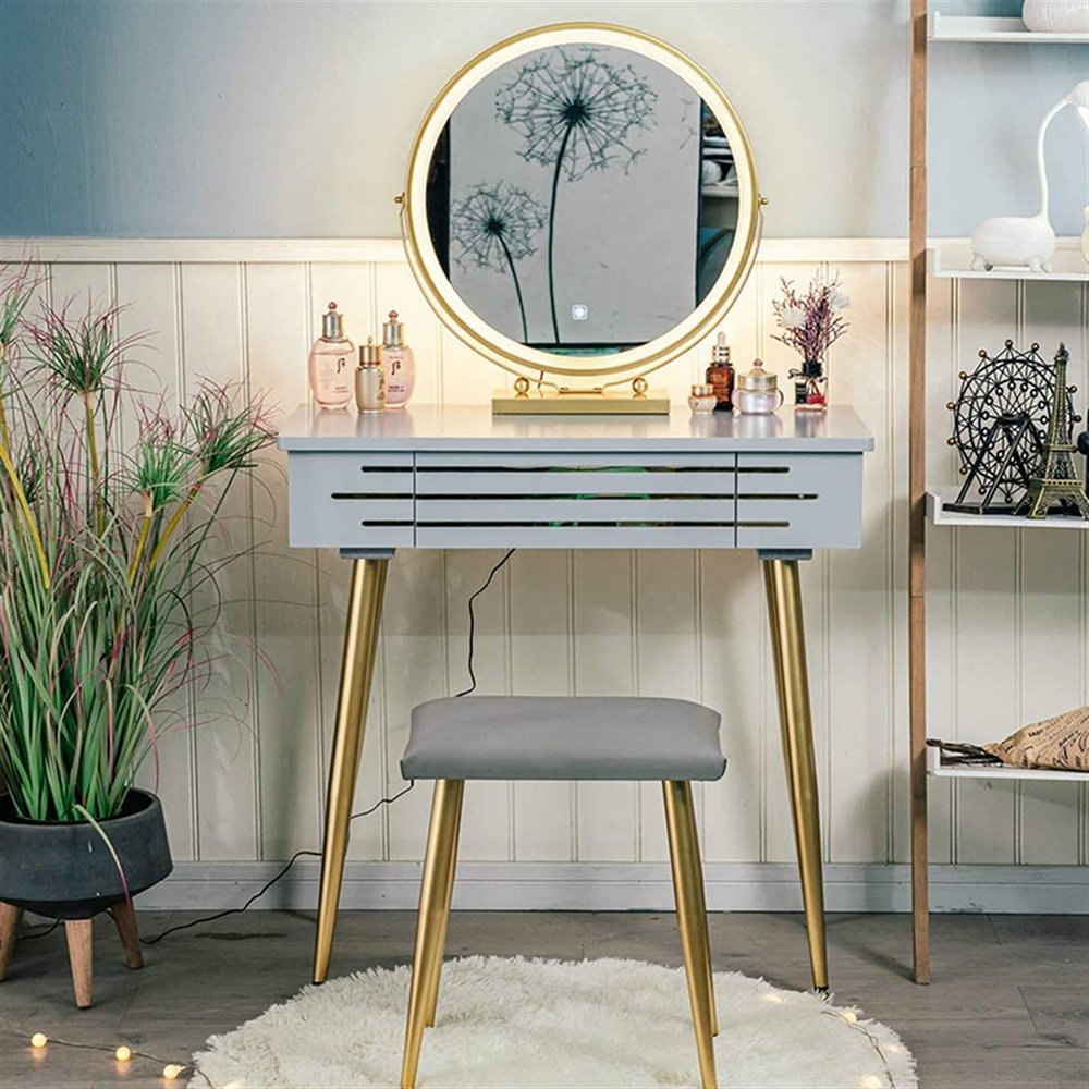 BNNP Dressing Table Makeup Table Vanity Table Set with 3 Mode Touch Screen Adjustable Lighted Mirror and Cushioned Stool Sliding Drawer Easy Assembly Makeup Table Vanity Table