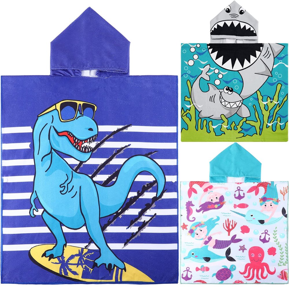 Chumia 3 Pack Kids Hooded Beach Poncho Towels Toddler Swim Pool Bath Towels with Hood Thicker Cotton Absorbent Cover up for Boys Girls Baby(47 x 24 Inch,Shark, Dinosaur)