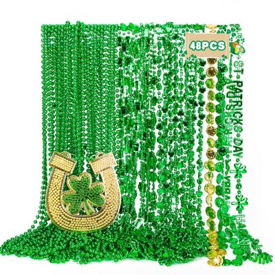 EOBOH 48PCS St Patricks Day Necklace Accessories, 7 Kinds of St. Patricks Beads, Irish Shamrock Beer Mug Coins Pendants Beads Necklace, St Patricks Necklaces Bulk for Parade Party Supplies Favors