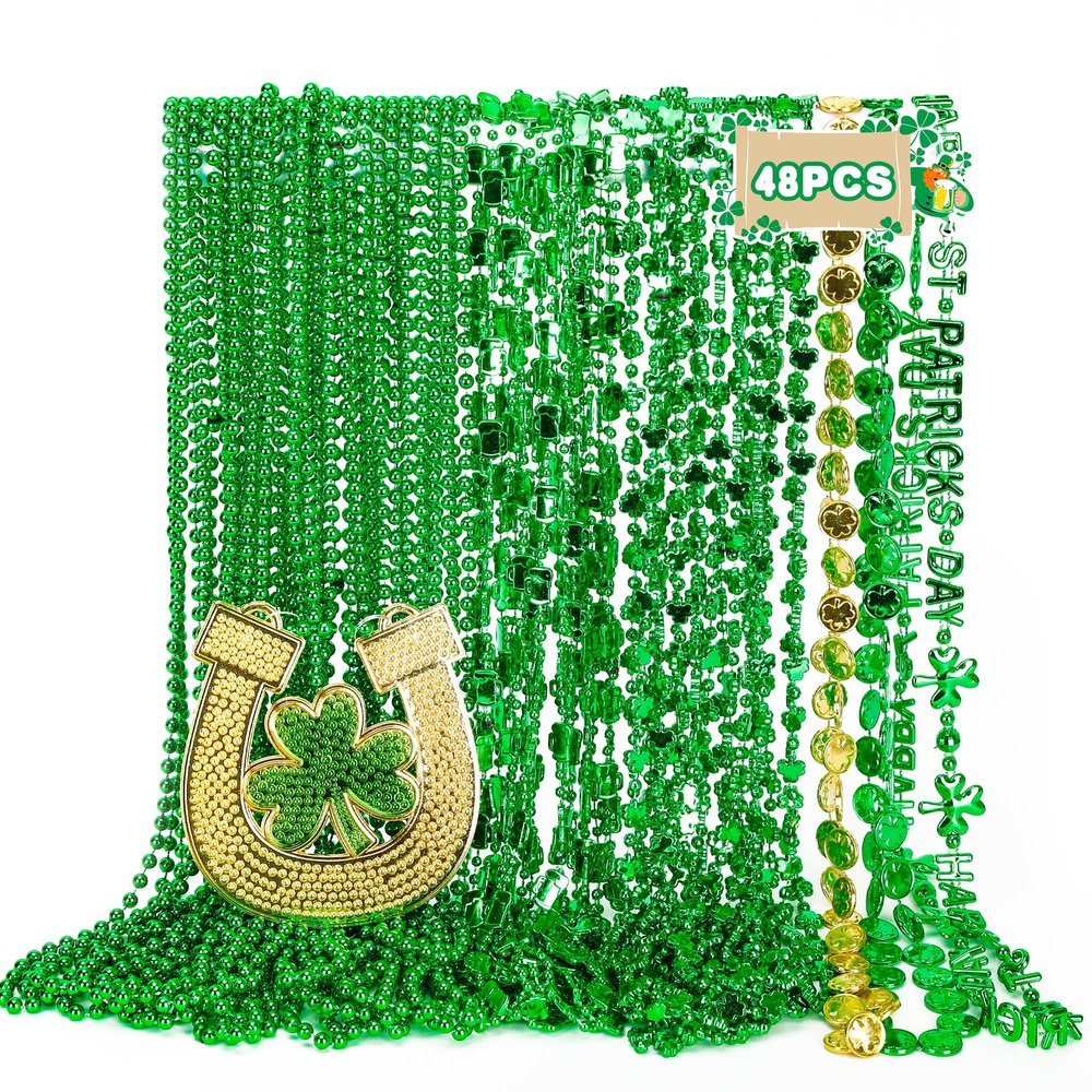 EOBOH 48PCS St Patricks Day Necklace Accessories, 7 Kinds of St. Patricks Beads, Irish Shamrock Beer Mug Coins Pendants Beads Necklace, St Patricks Necklaces Bulk for Parade Party Supplies Favors