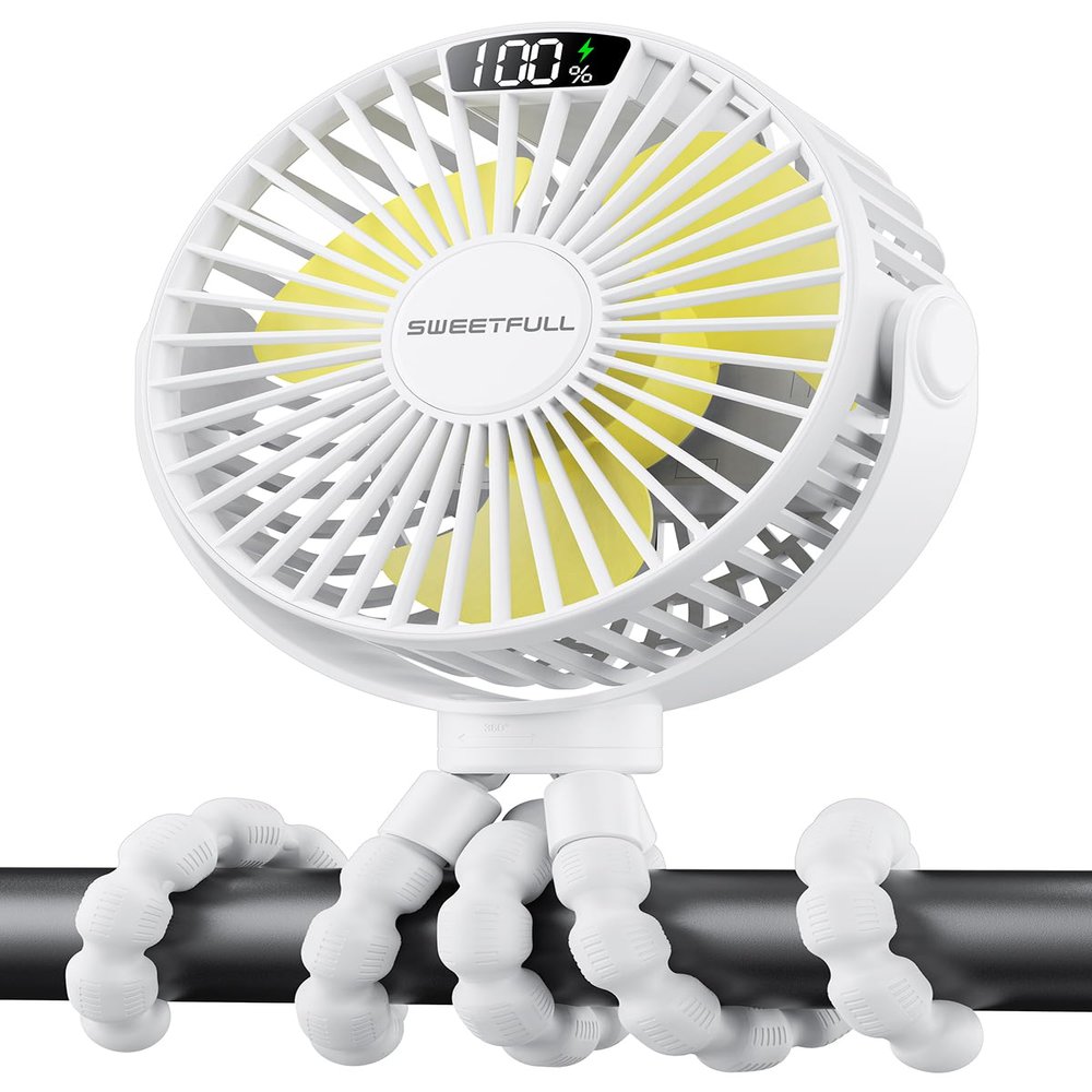 SWEETFULL Portable Stroller Fan with LED Display, 4 Speed Rechargeable Mini Clip On Fan, 360 Rotate Flexible Tripod Better Cooling Small Baby Fan for Car Seat Crib Travel Bike Treadmill (White)