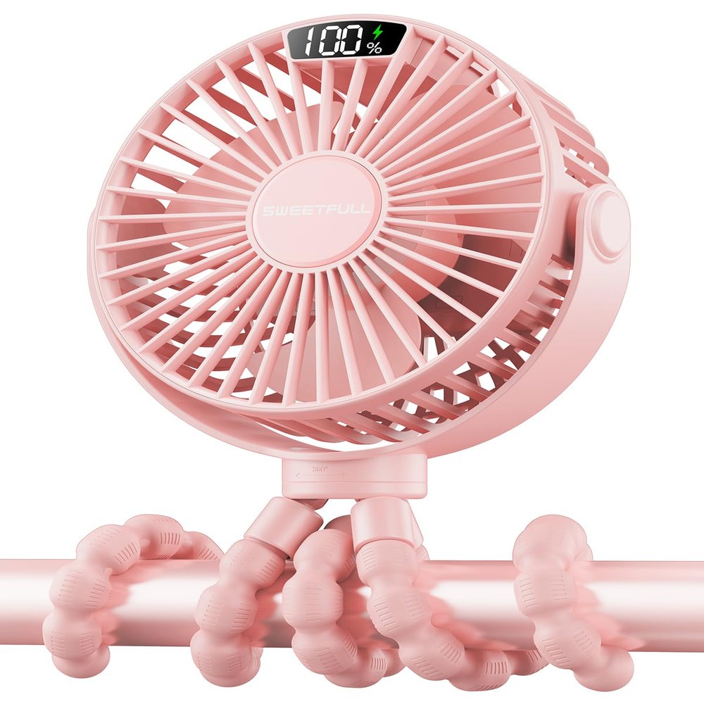 SWEETFULL Portable Stroller Fan with LED Display, 4 Speed Rechargeable Mini Clip On Fan, 360 Rotate Flexible Tripod Better Cooling Small Baby Fan for Car Seat Crib Travel Bike Treadmill (Pink)