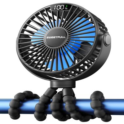 SWEETFULL 4000mAh Portable Stroller Fan with LED Display, 4 Speed Rechargeable Mini Clip On Fan, 360 Rotate Flexible Tripod Better Cooling Small Baby Fan for Car Seat Crib Travel Treadmill