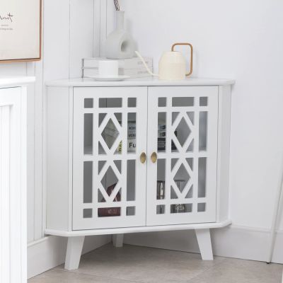 Scurrty 32'' Corner Shelf Stand, Small Corner Table Sideboard Cabinet with 2 Doors and 2-Tier Shelves, Free-Standing Storage Organizer for Living Room, Dining Room & Bathroom (White)