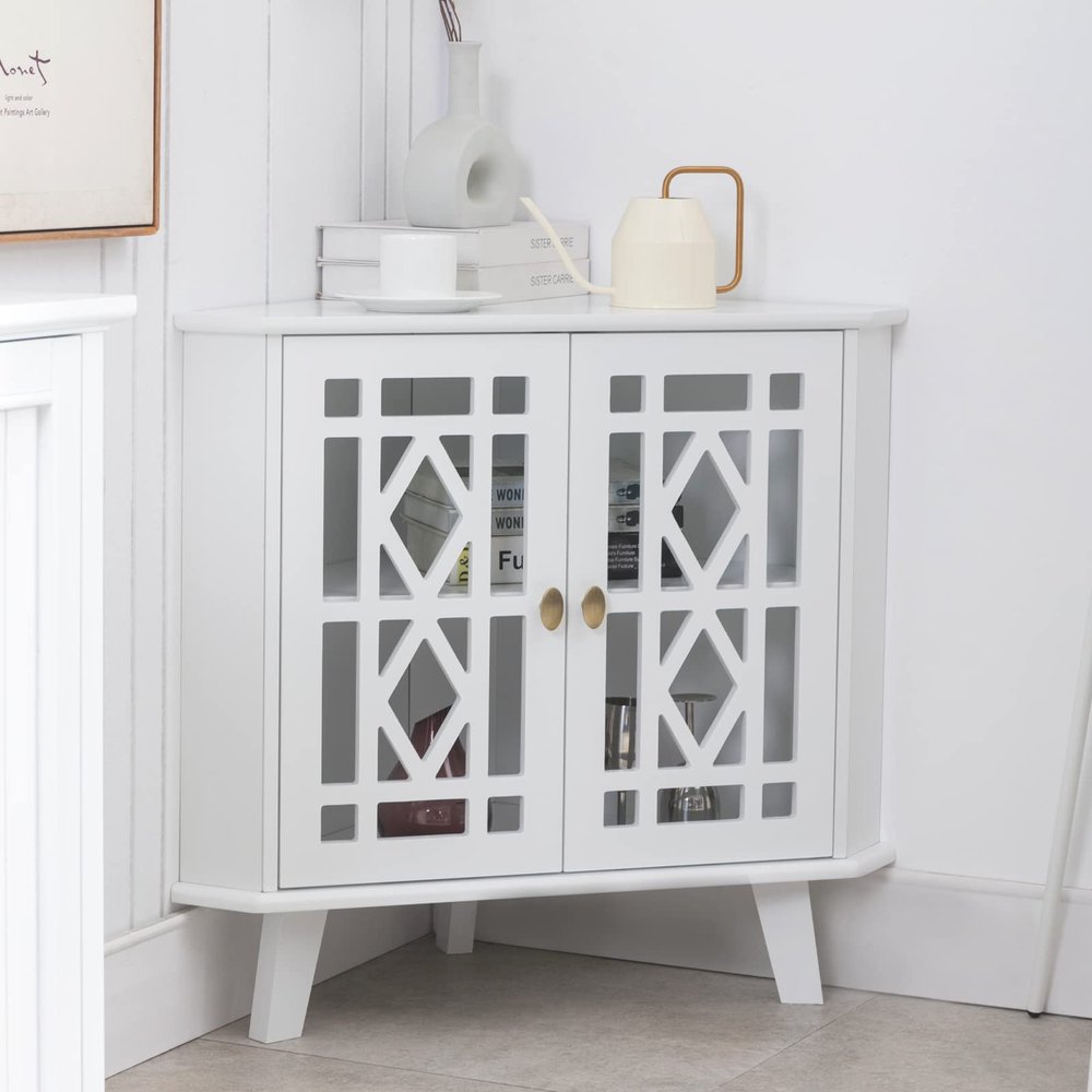 Scurrty 32'' Corner Shelf Stand, Small Corner Table Sideboard Cabinet with 2 Doors and 2-Tier Shelves, Free-Standing Storage Organizer for Living Room, Dining Room & Bathroom (White)