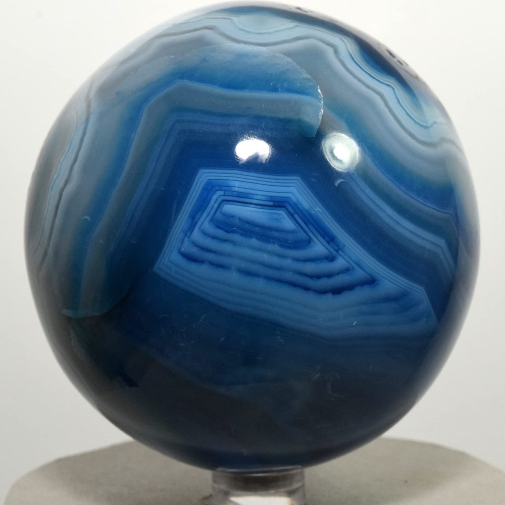 2.9" 585g Dyed Blue Banded Agater Sphere Polished Natural Fortification Pattern Gemstone Crystal Mineral Chalcedony Ball - India + Stand