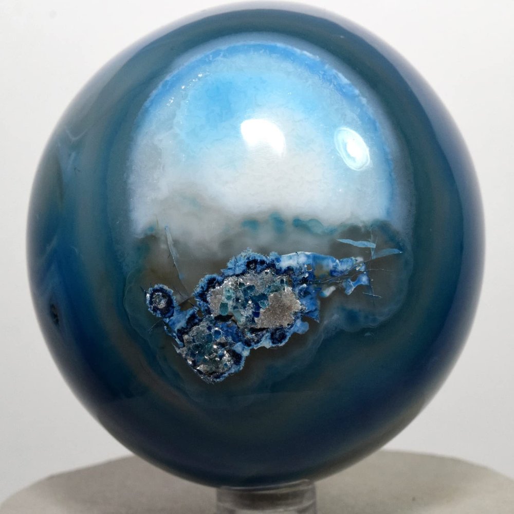 2.8" 500g Dyed Blue Agate w/Quartz Sphere Polished Chalcedony Gemstone Crystal Mineral Ball - India + Stand