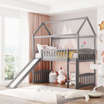 Quarte Cute House Bed with Ladders and Slides,Wooden Twin Loft Bed with Roof and Guardrails,Suitable for Kids Toddler Boys Girls Teens (Gray#f)
