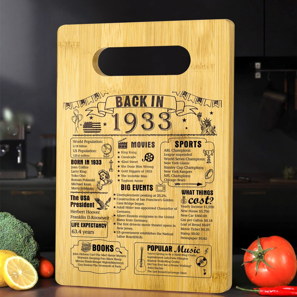 93th Birthday Gifts For Women or Men, Back In 1933 Cutting Board 93th Birthday Decorations, 93Year Old Anniversary Birthday Gifts