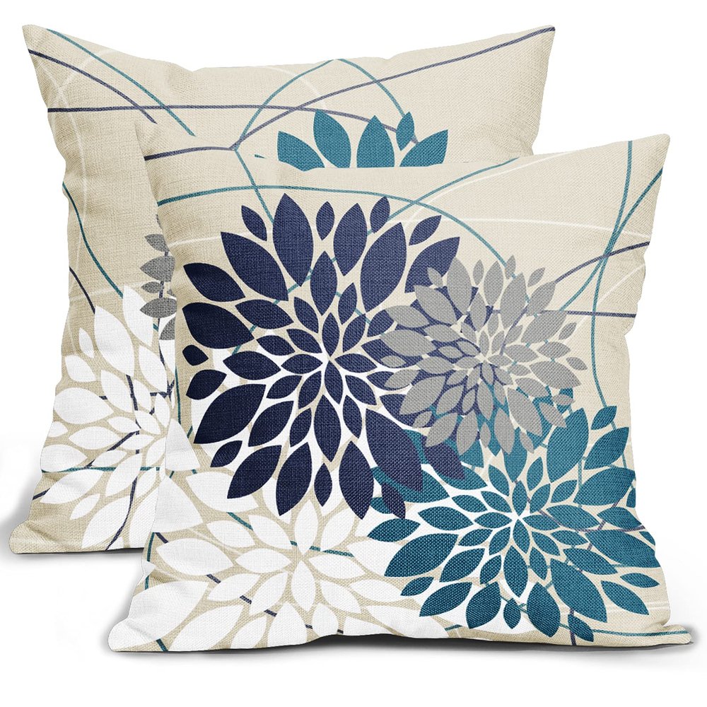 Navy Blue Dahlia Pillow Covers 20X20 Inch Gray Grey Beige Tan Geometric Floral Elegant Line Print Pillow Case Outdoor Farmhouse Linen Square Cushion Cover Home Decor for Sofa Couch Bed,Set of 2