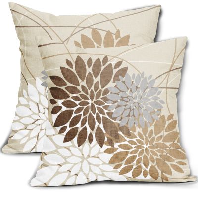 Brown Grey Gray Throw Pillow Covers 20x20 Inch Dahlia Flower Decorative Pillows Modern Geometry Floral Outdoor Farmhouse Pillowcase Linen Square Cushion Case Decor for Home Sofa Couch Bed, Set of 2