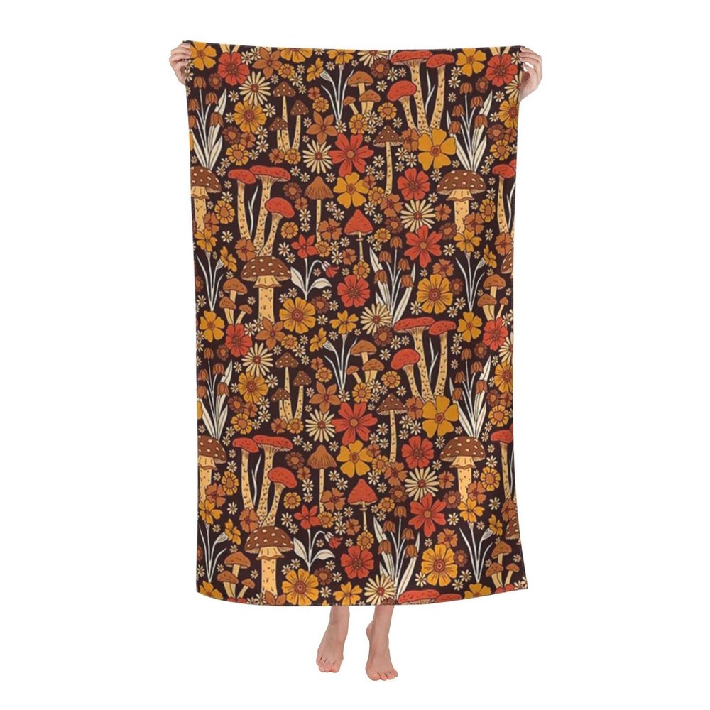 BZAXXQI Brown and Orange Mushrooms and Flowers Bath Towels,Mushrooms Beach Towel Quick Dry Bath Towels Soft Bath Towel for Swimming Camping Hotel Sports Bathroom