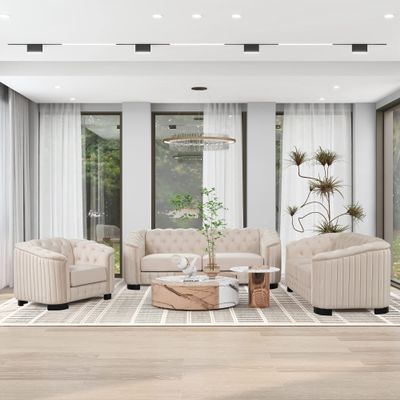 3-Piece Living Room Furniture Sets, Velvet Upholstered Living Room Sofa Set with Armrest Single Chair, Loveseat Sofa and 3-Seat Sofa, Beige, 1+2+3 seat with Button Tufted Backrest
