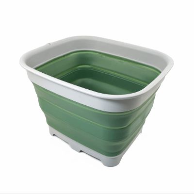 SAMMART 15L (3.9 Gallon) Collapsible Dishpan with Draining Plug - Foldable Washing Basin - Portable Dish Washing Tub - Camping & Space Saving Kitchen Storage Tray (Grey/Dark Sea Green)