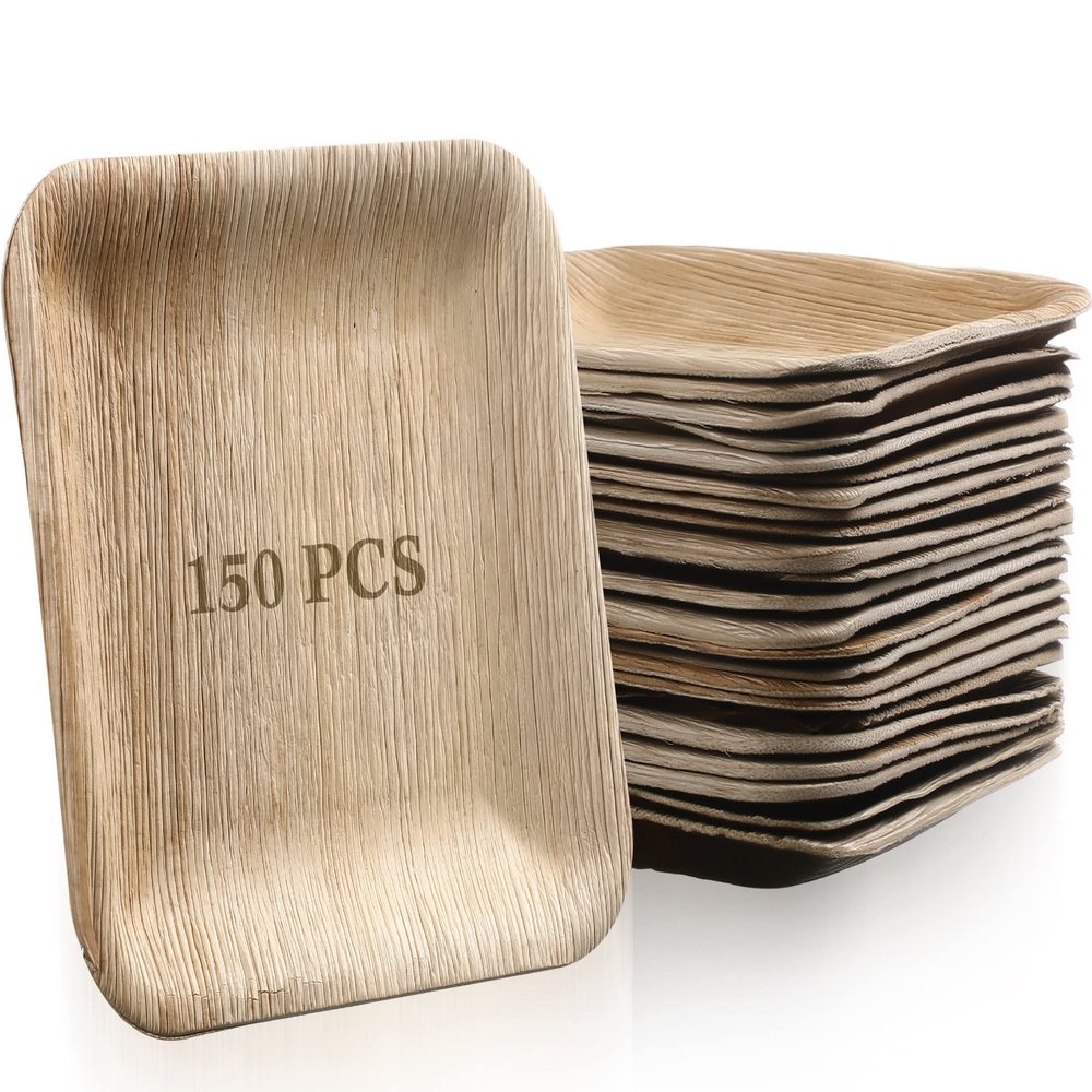 Didaey 150 Pcs 6 Inch Palm Leaf Square Bamboo Plates Disposable Wood Dinnerware Set Leaf Plates for Weddings Catering Events Birthday Summer Party