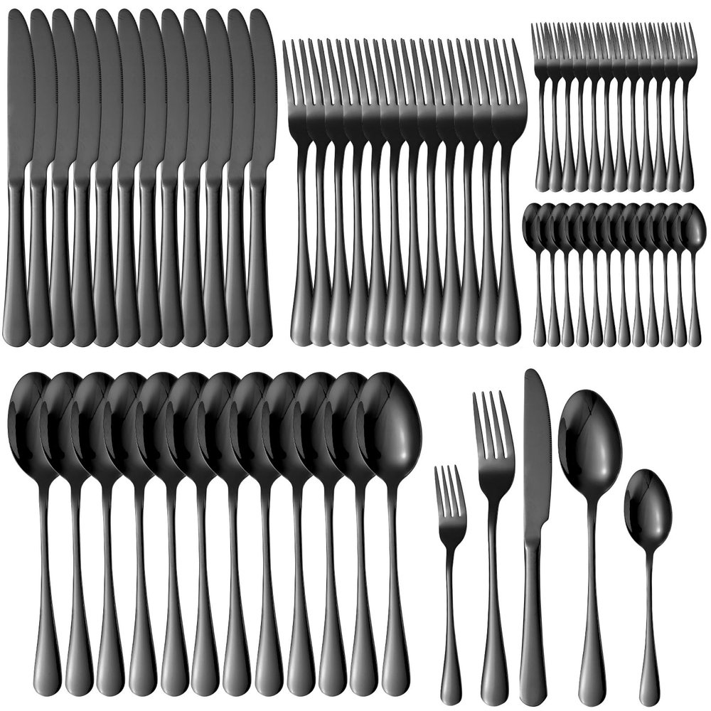 A  HOUSEWARE Black Silverware Set for 12 Stainless Steel Flatware 60 Piece Cutlery Spoon Fork Knife Kitchen Eaing Utensils Wide Round Handle Restaurant Festival Parties Easy to Clean