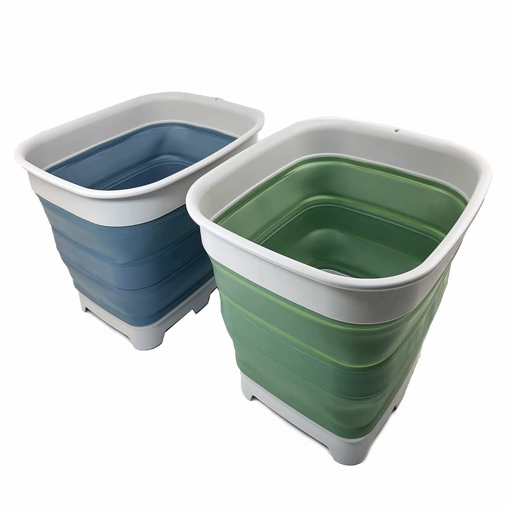 SAMMART 15L (3.9 Gallon) Collapsible Dishpan with Draining Plug-Foldable Washing Basin-Portable Dish Washing Tub - Camping & Space Saving Kitchen Storage Tray (Steel Blue + Dark Sea Green (Set of 2))