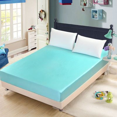 FCLDESHOP Bedding Queen Fitted Sheets,Pure Color Ice Silk Satin Brushed Microfiber Deep Pocket Fitted SheetHotel Homestay Mattress Protector Pillowcase,Blue,120 * 200cm (3pcs)