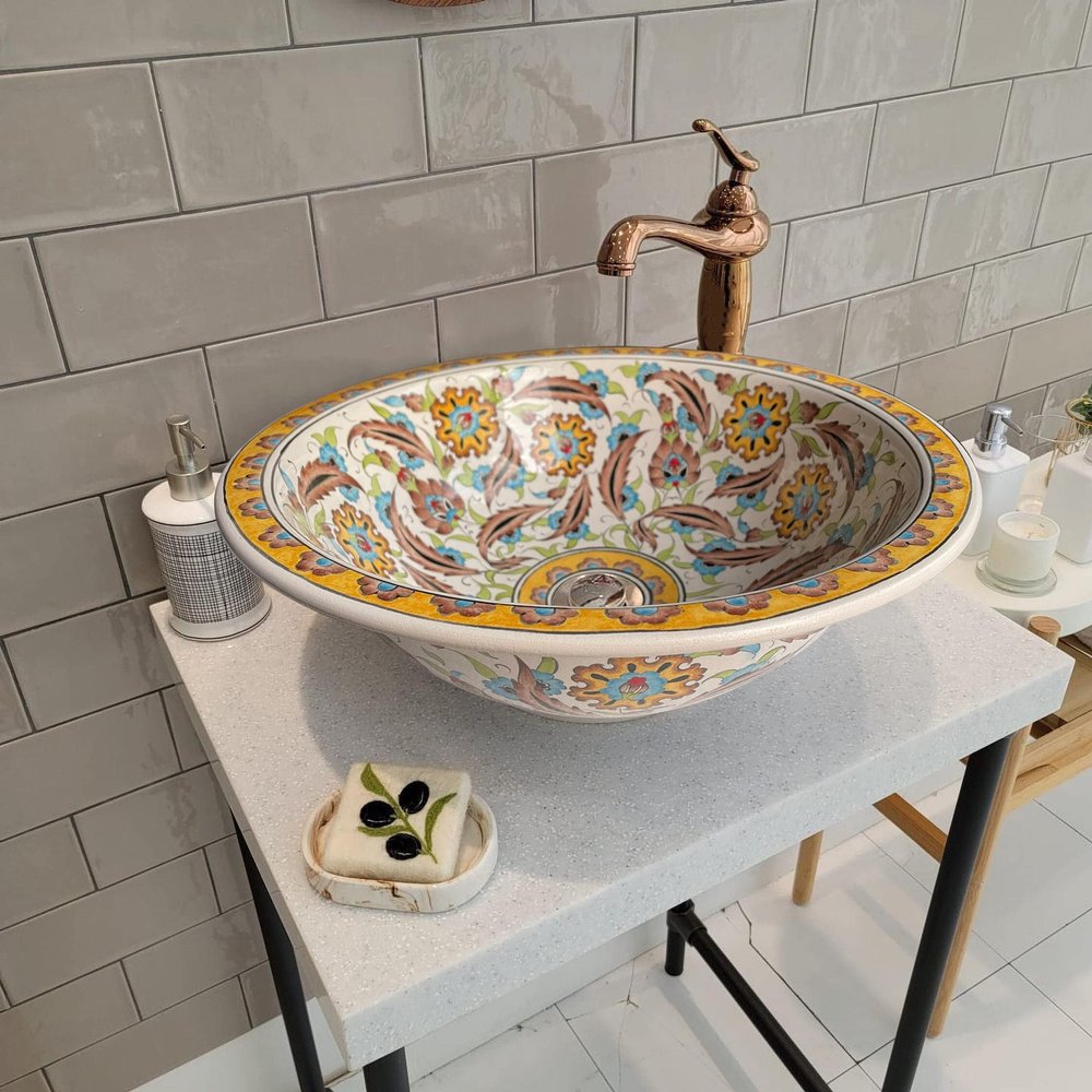 Bathroom Vanity Floral Vessel Sink, Kitchen Above Countertop Basin, Lavatory, Bathroom Remodel, Cloakroom, Artistic Bohemian Style Washbasin