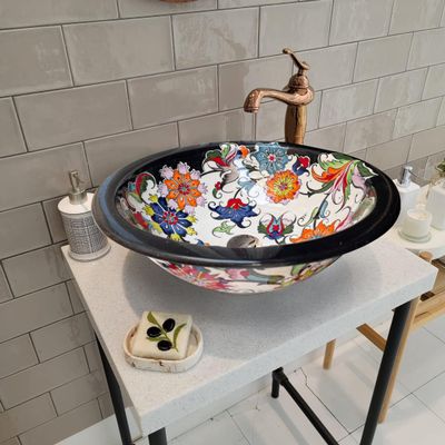 Unique Flower Design Bathroom Sink, Ceramic Round Washbasin, Vanity Vessel Sink with Black Rim, Powder Room Sink, Guest Bathroom Remodeling