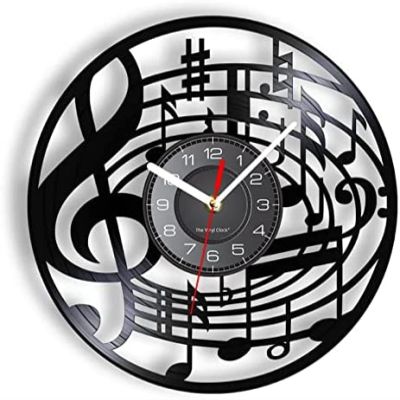 Music Vinyl Wall Clock 12Inch Music Notes Wall Art Treble Clef Vinyl Record Wall Clock Hanging Sheet Music Art Watch Rock N Roll Music Lover Gift