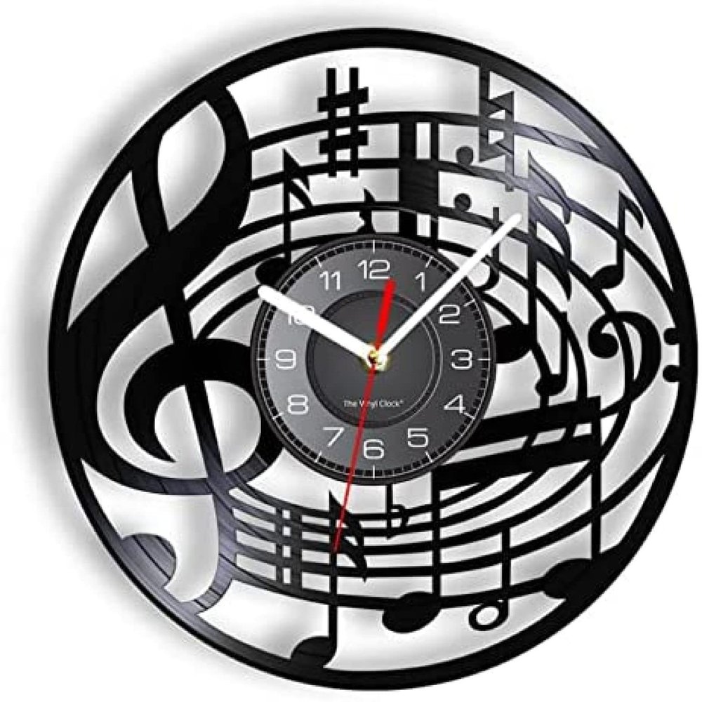 Music Vinyl Wall Clock 12Inch Music Notes Wall Art Treble Clef Vinyl Record Wall Clock Hanging Sheet Music Art Watch Rock N Roll Music Lover Gift