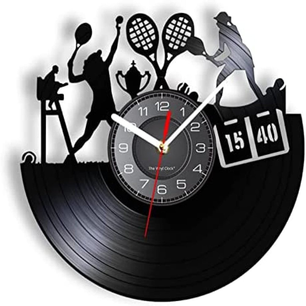 Black Vinyl Wall Clock 12Inch Female Tennis Players Vinyl Record Wall Clock for Living Room Tennis Game Live Silent Non Ticking Wall Clock Tennis Club Decor