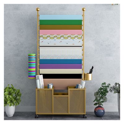 WIGING Ribbon Storage Rack, Floor Standing Silk Ribbon Flower Wrapping Paper Holder Organizer with Wheels, Freestanding Scarf Ribbons Storage Rack (Color : Gold, Size : 80x27x170cm)