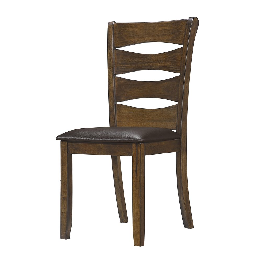 Brown Finish Wooden Side Chairs Set of 6pc Faux Leather Upholstered Seat Unique Back Design Dining Furniture