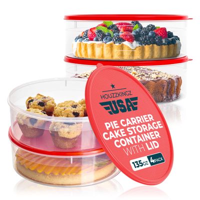 4 Pack Pie Carrier Cake Storage Container with Lid | 10.5" Large Round Plastic Cupcake Cheesecake Muffin Flan Cookie Tortilla Holder Storage Containers Airtight | Pie Keeper Transport Container