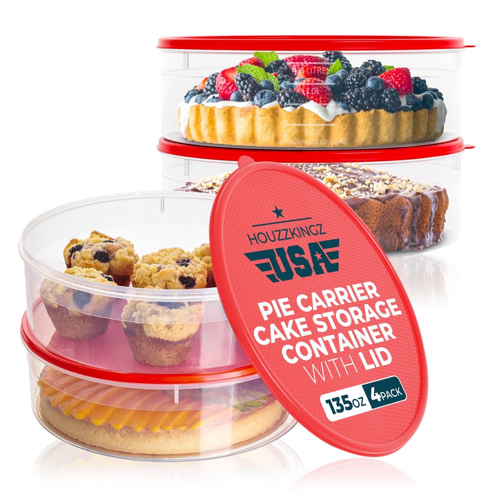 4 Pack Pie Carrier Cake Storage Container with Lid | 10.5" Large Round Plastic Cupcake Cheesecake Muffin Flan Cookie Tortilla Holder Storage Containers Airtight | Pie Keeper Transport Container