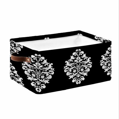 Storage Baskets for Shelves, Foldable Rectangle Storage Baskets, Antique Classic Flowers Pattern Traditional Artwork Black Storage Containers for Organizing Dorm Closet Room(15 x 11 x 9.5)