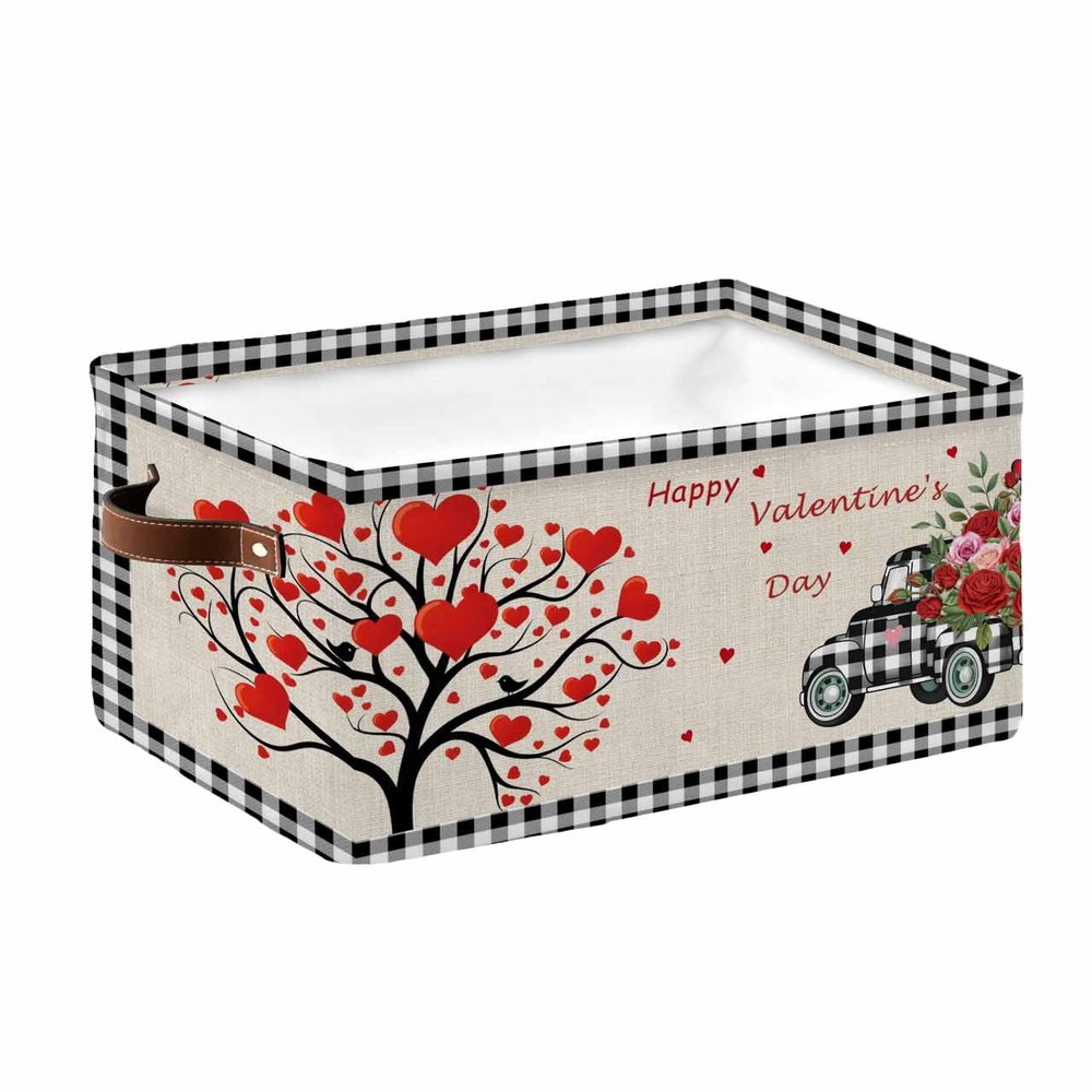 Storage Baskets for Shelves, Foldable Rectangle Storage Baskets, Love Heart Tree and Truck with Rose Flower for Valentine's Day Storage Containers for Organizing Dorm Closet Room(15 x 11 x 9.5)