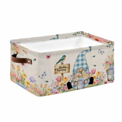 Storage Baskets for Shelves, Foldable Rectangle Storage Baskets, Cute Gnome with Sunflowers Srping Floral Retro Print Storage Containers for Organizing Dorm Closet Room(15 x 11 x 9.5)