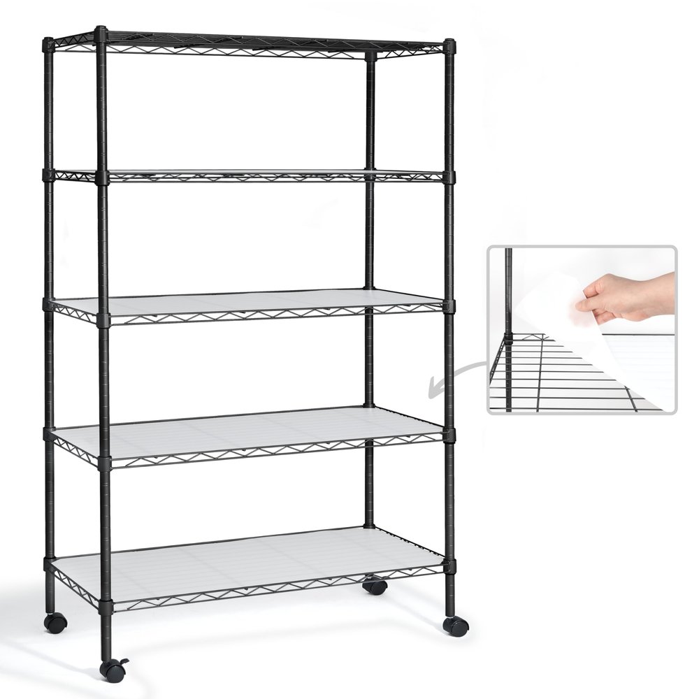 CAPHAUS NSF Adjustable Height Wire Shelving Unit w/Liner, Basement Storage Shelving, Metal Steel Storage Shelves, Garage Shelving Storage Organizer, Utility Shelf, 5-Tier W/Wheels W/Liners, Black